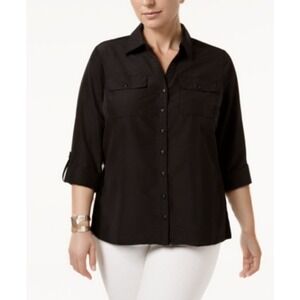NY Collection Utility Chic Button Down Shirt Womens 2X Black Elevated Casual NWT